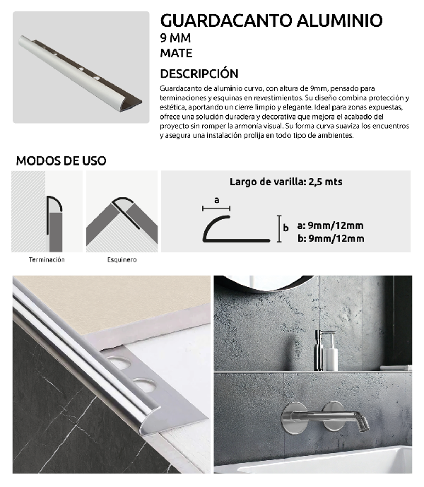 ALUMINIO MATE 9MM,&nbsp;PERFILES H&AMP;O,&nbsp;GUARDACANTOS,&nbsp;H&AMP;O
