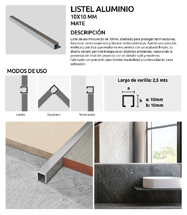 LISTEL ALUMINIO 10X10 MATE,&nbsp;PERFILES H&AMP;O,&nbsp;LISTEL,&nbsp;H&AMP;O