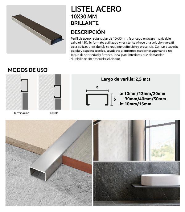 LISTEL ACERO 10X30 BRILLANTE,&nbsp;PERFILES H&AMP;O,&nbsp;LISTEL,&nbsp;H&AMP;O