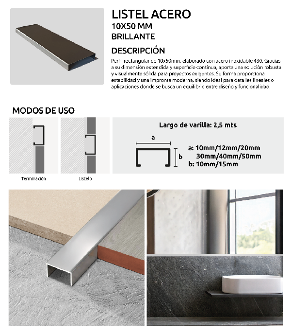 LISTEL ACERO 10X50 BRILLANTE,&nbsp;PERFILES H&AMP;O,&nbsp;LISTEL,&nbsp;H&AMP;O