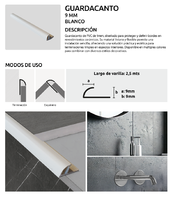 PVC 9MM BLANCO,&nbsp;PERFILES H&AMP;O,&nbsp;GUARDACANTOS,&nbsp;H&AMP;O