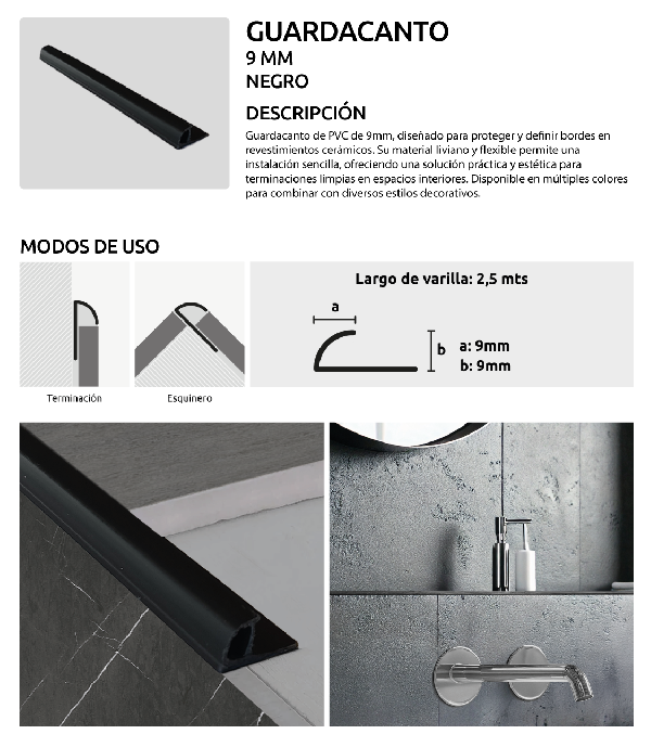 PVC 9MM NEGRO,&nbsp;PERFILES H&AMP;O,&nbsp;GUARDACANTOS,&nbsp;H&AMP;O