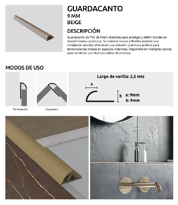 PVC 9MM BEIGE,&nbsp;PERFILES H&AMP;O,&nbsp;GUARDACANTOS,&nbsp;H&AMP;O